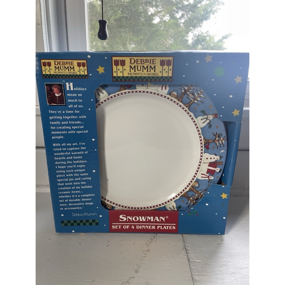 Set of 4 Vintage Sakura Debbie Mumm Snowman 10.5" Dinner Plates New In Box 90s